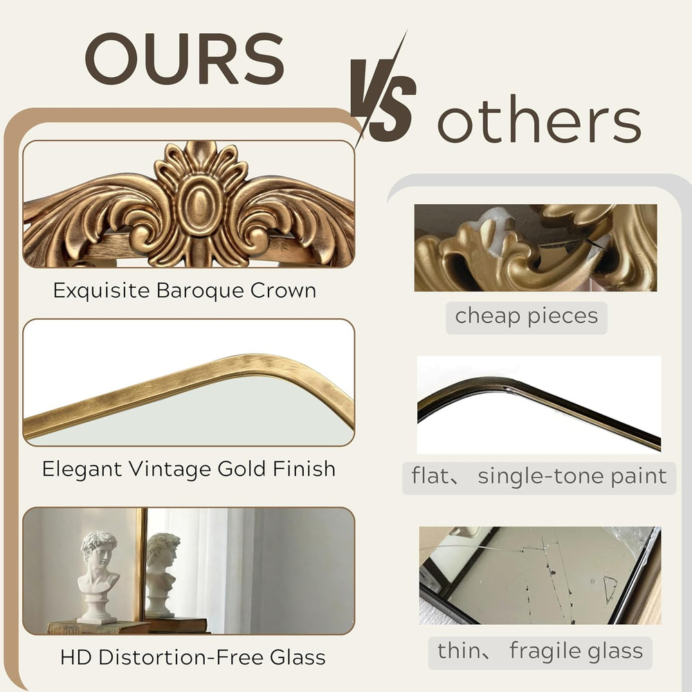 PERFNIQUE Vintage Mirror, 36" X 30" Gold Arched Antique Baroque Mirror