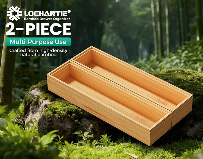Bamboo Kitchen Drawer Organizer Boxes – 12" x 3" Stackable Wood Silverware - Image 6