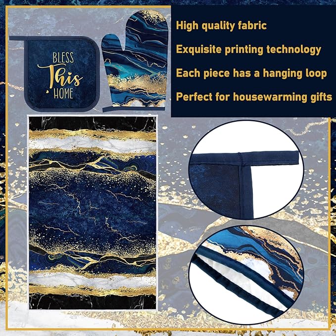 Leinuosen 8 Pcs Blue Marble Kitchen Decor Dish Towels and Oven Mitts Sets Pot - Image 5