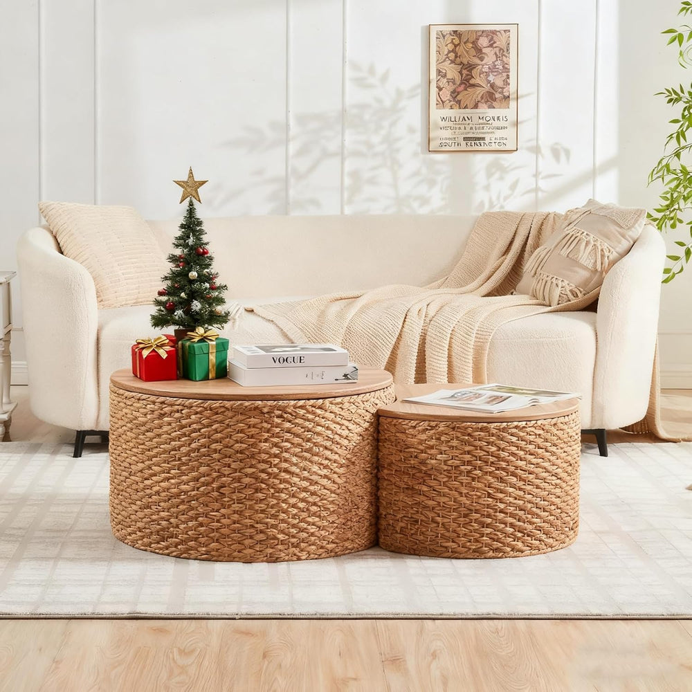 Round Nesting Coffee Table Set of 2 with Storage - Handwoven Wicker Rattan Ot...