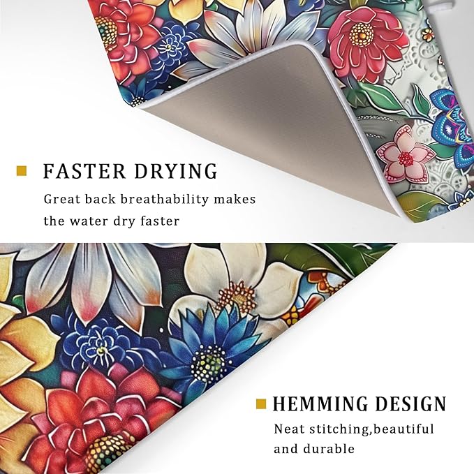 Boho Floral Dish Drying Mat for Kitchen Counter 16x18 Inch Boho Blooming Flower - Image 3