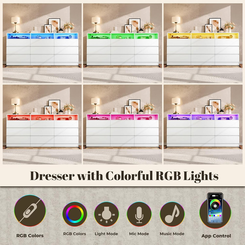 STIKELY 9 Drawer Dresser for Bedroom with Power Outlet and LED Light,