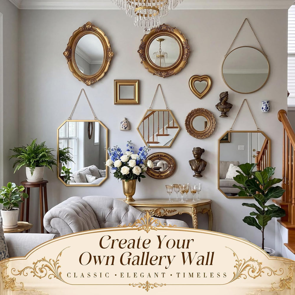 Vintage Gold Wall Mirror Set, 14in/11.2in/10.5in/7.8in, Novel Style, 10 Pcs