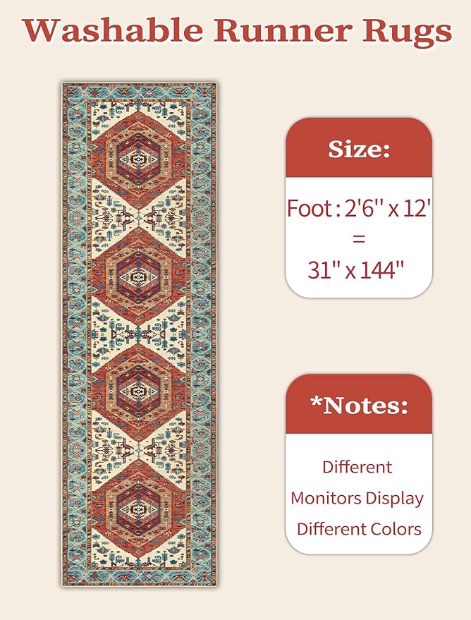 SERISSA Runner Rug for Hallways, Extra Long Boho Rug Ultra Soft Vintage Orange - Image 6