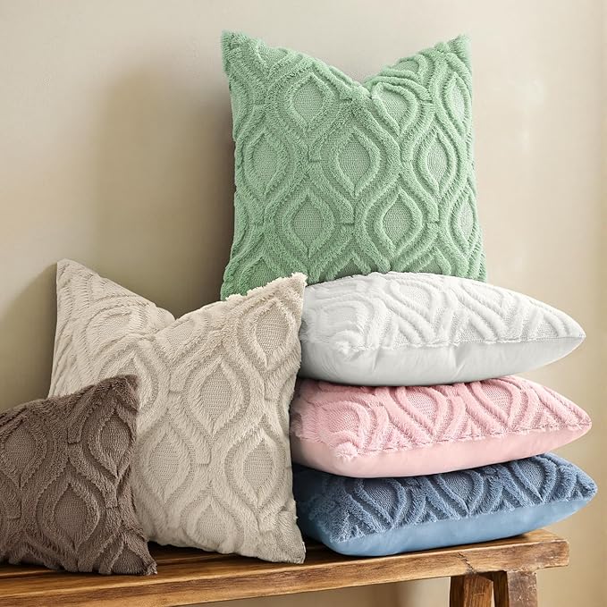 decorUhome Throw Pillow Covers 20x20 Inch Set of 2, Soft Plush Faux Wool Beige - Image 6