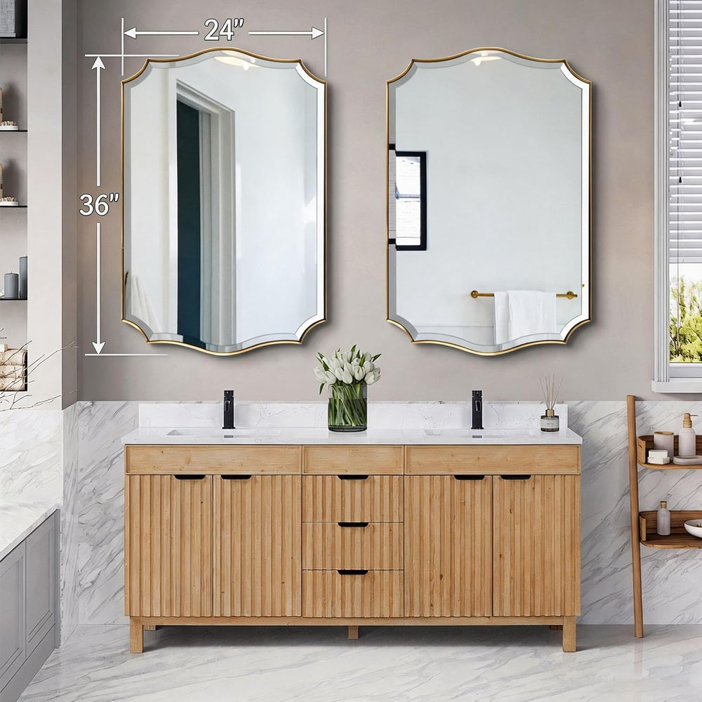 POZINO Scalloped Beveled Mirror 36"x24" Brushed Gold Bathroom Mirror