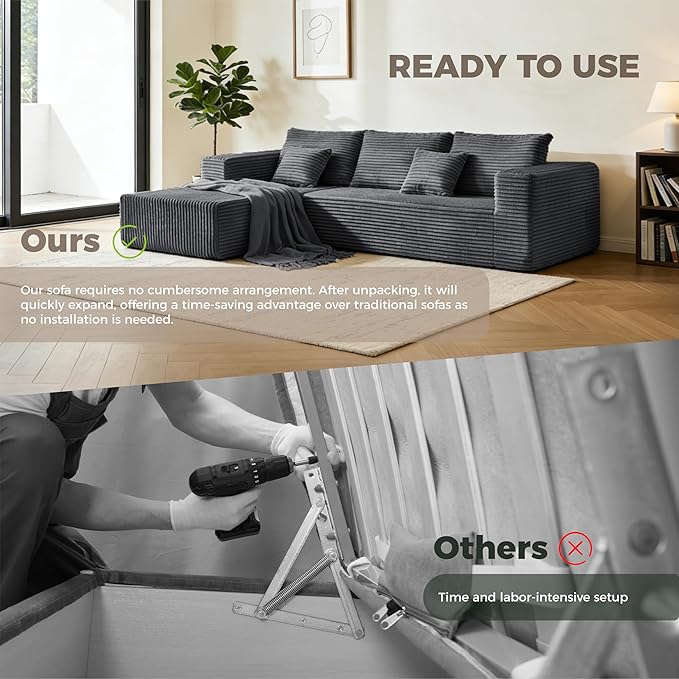 106" Dark Gray Corduroy Boneless Modular Sectional Sofa, Cloud-Louch Dee...