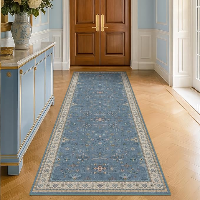 Boho 2'6"x10' Wide Runner Rugs for Hallway Non Skid- 10ft Light Blue Washable by HazoHaus