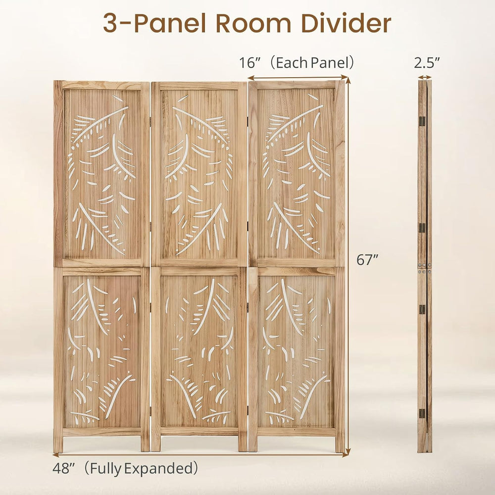 GIANTEX 3 Panel Boho Room Divider with Carved Palm Leaf Pattern, Natural