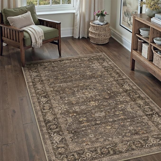 3x4 Washable Area Rug for Entryway Vintage Brown Non Slip Low Pile Carpet - Image 3