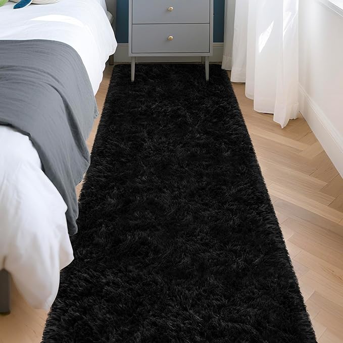 2x8 Bedside Area Rugs for Bedroom Soft Fluffy Shag Black Rug for Hallway