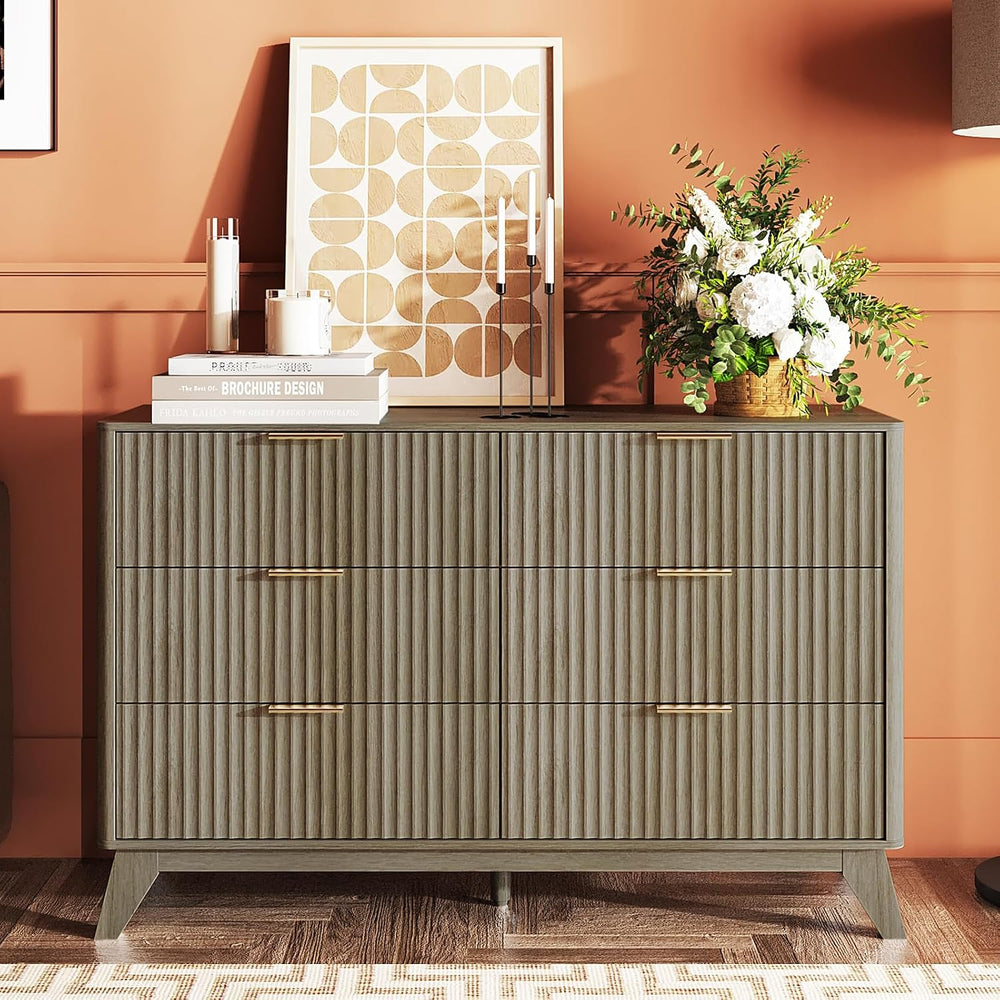 VINGLI Fluted Grey Dresser 6 Drawer Gray Dresser with Rounded Edges, Grey Dre...