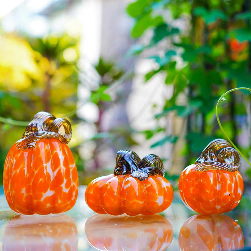 3 Pcs Blown Glass Pumpkin Figurines Orange Fall Halloween Table Decor