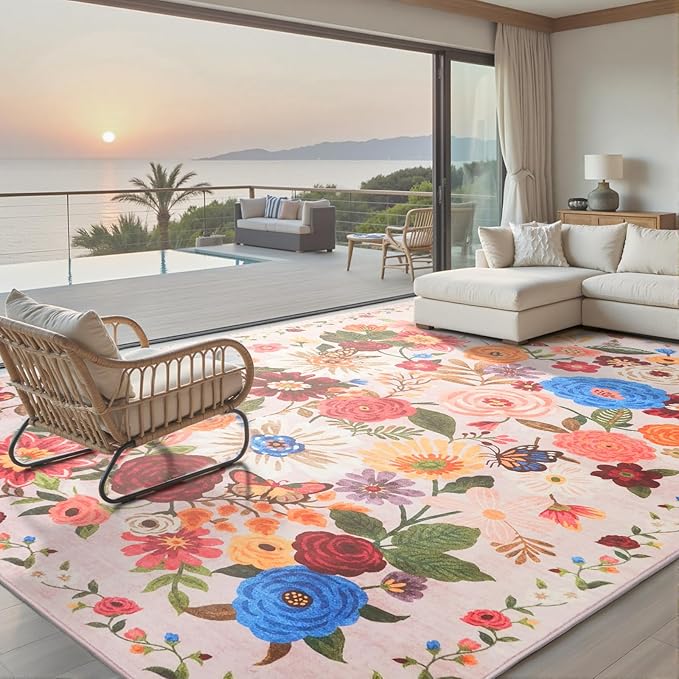 Light Pink Area Rugs 10x14 Living Room, Non Slip Machine Washable Floral Rugs by WelcometoBabovid