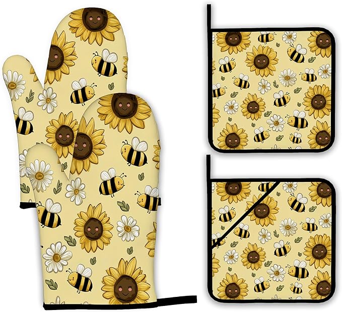 Sunflower Bee Oven Mitts and Pot Holders Set, Daisy Kitchen Oven Gloves and Pot by Unknown