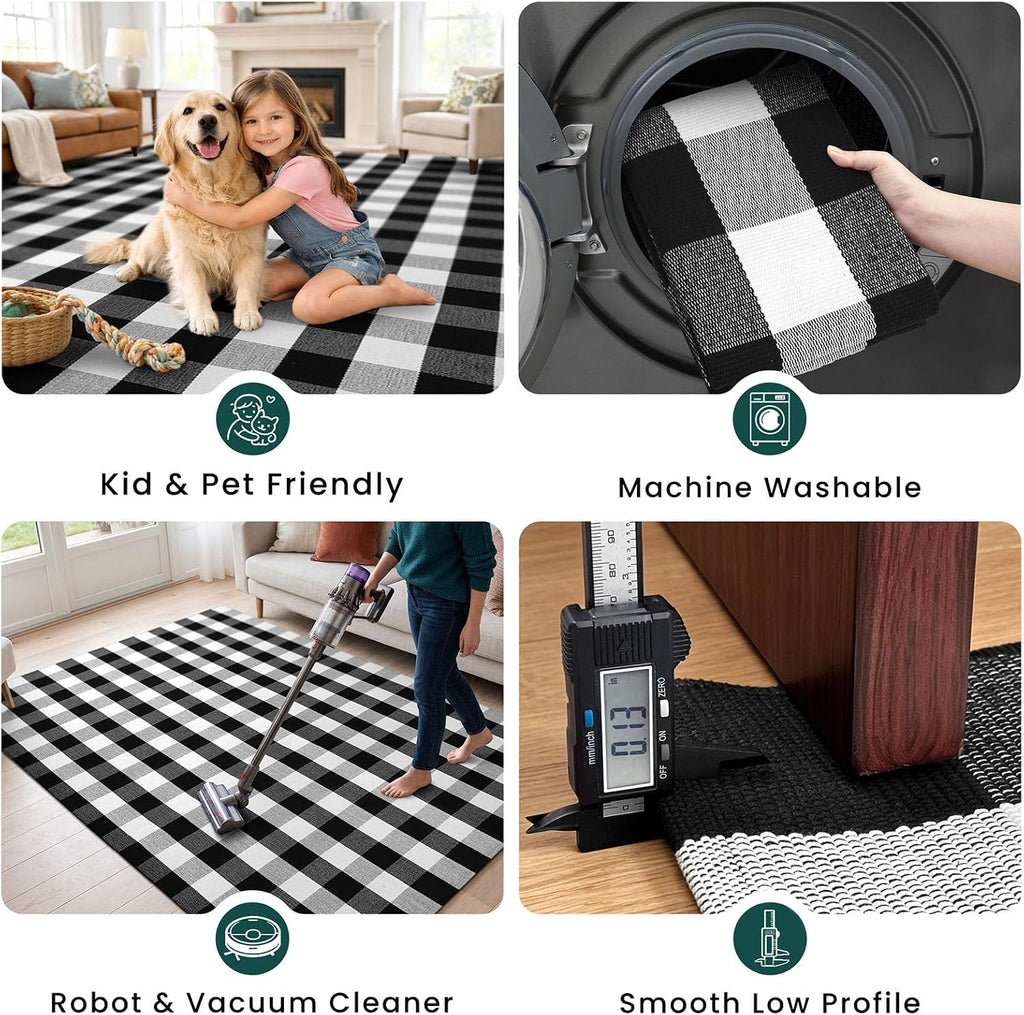 KOZYFLY Buffalo Plaid Rugs 2x6 Ft Runner Rug for Hallway, Black and White | Washable Kitchen Runner Rug, Woven Cotton Entryway Runner, Checkered Carpet Runners for Bedroom Living Room Farmhouse
