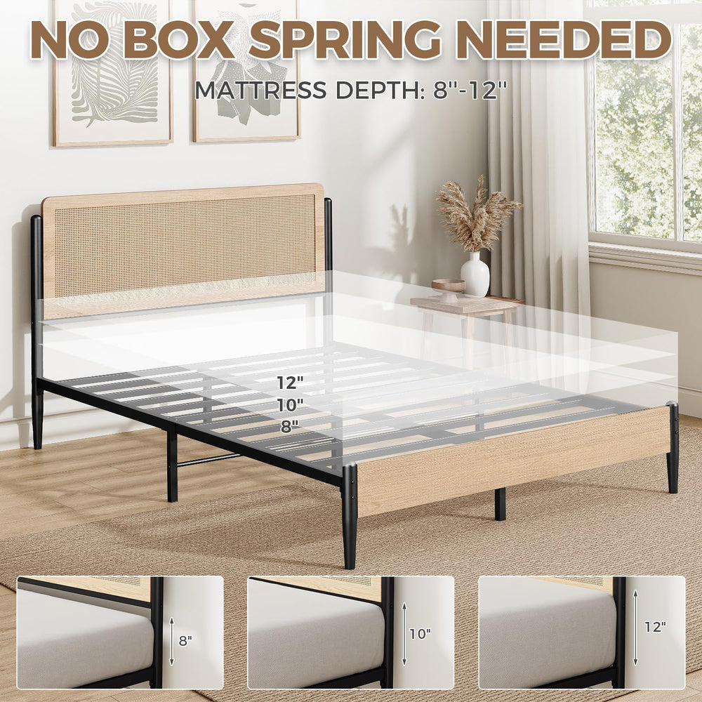 LIKIMIO Natural Rattan Full Size Bed Frame with Wooden Headboard