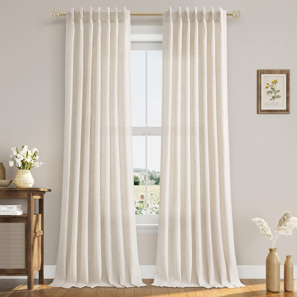 Aersas Linen Pleated Curtains 96 Inches Long for Living Room 2 Panels Cream