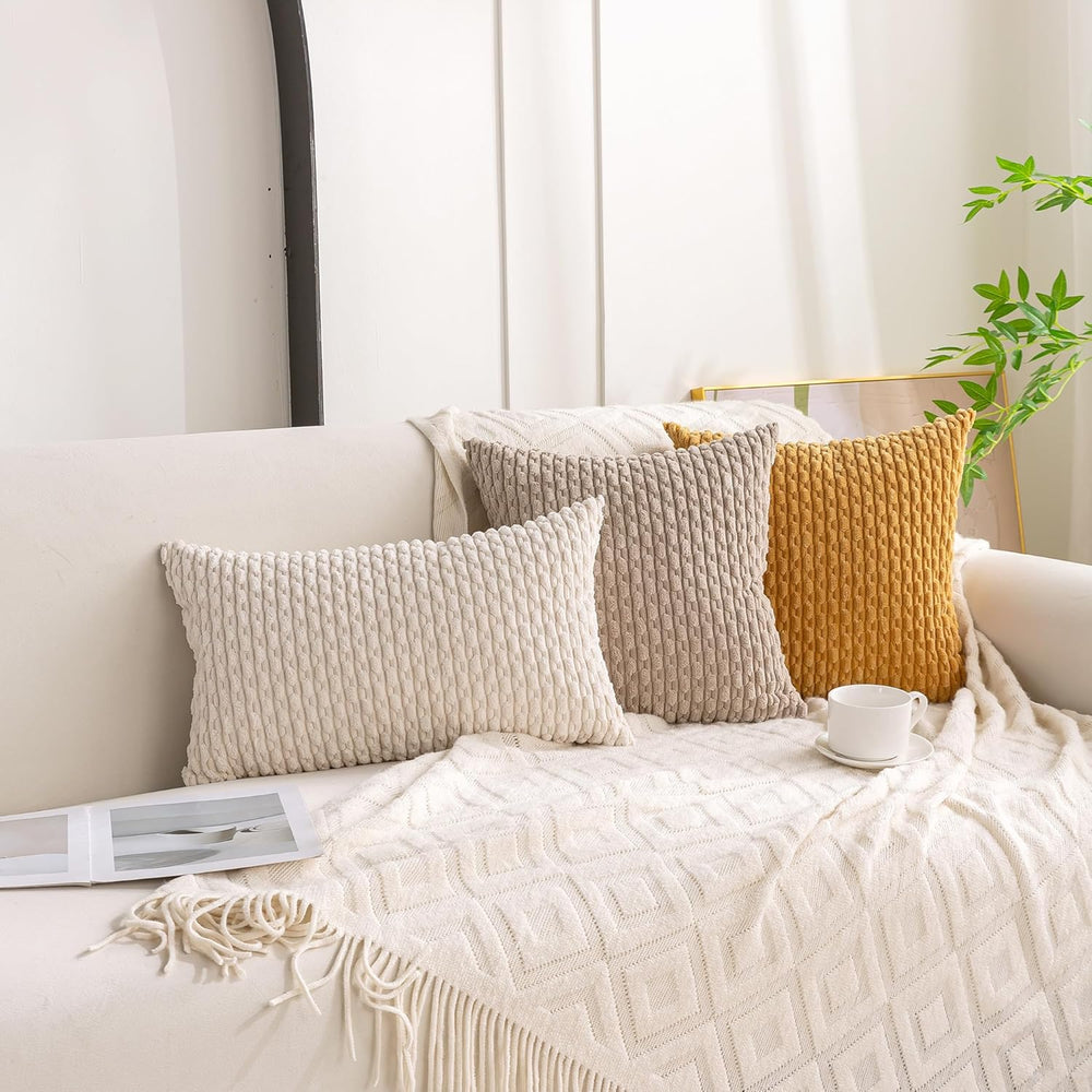 Set of 4 Beige Brown Coffee Decorative Throw Pillow Covers 20x20 Inch Corduro...