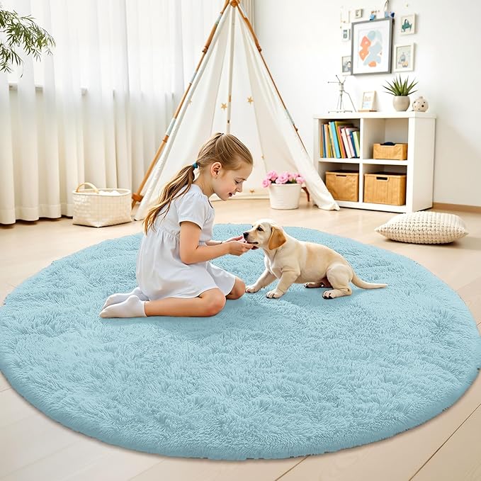 OLANLY Light Blue Round Rugs for Bedroom - Image 2