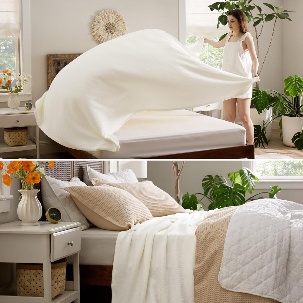 Bedsure 100% Cotton Blanket, Herringbone Weave, Queen Size, Cream
