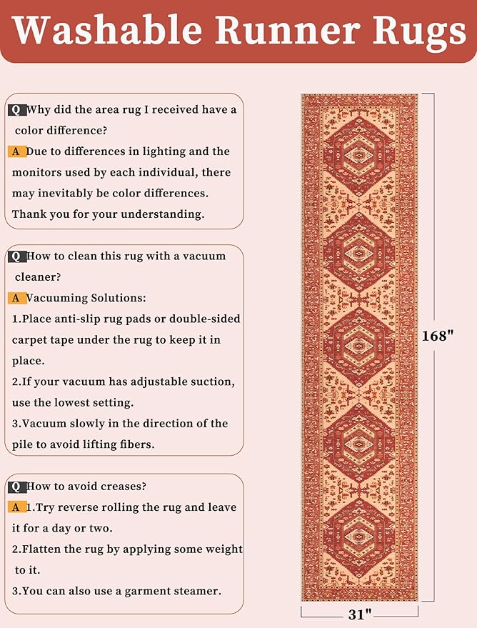 SERISSA Runner Rug for Hallways, Extra Long Boho Rug Ultra Soft Vintage Red - Image 6