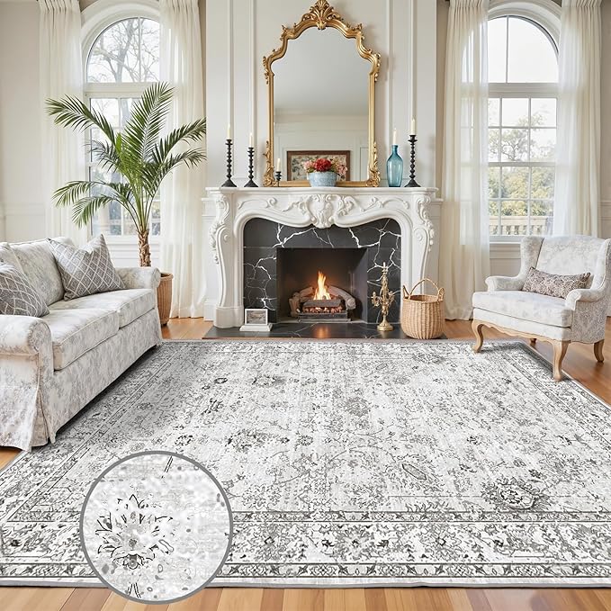 Floral Washable 6x9 Area Rugs, Soft Grey White Bedroom Rug - Image 2