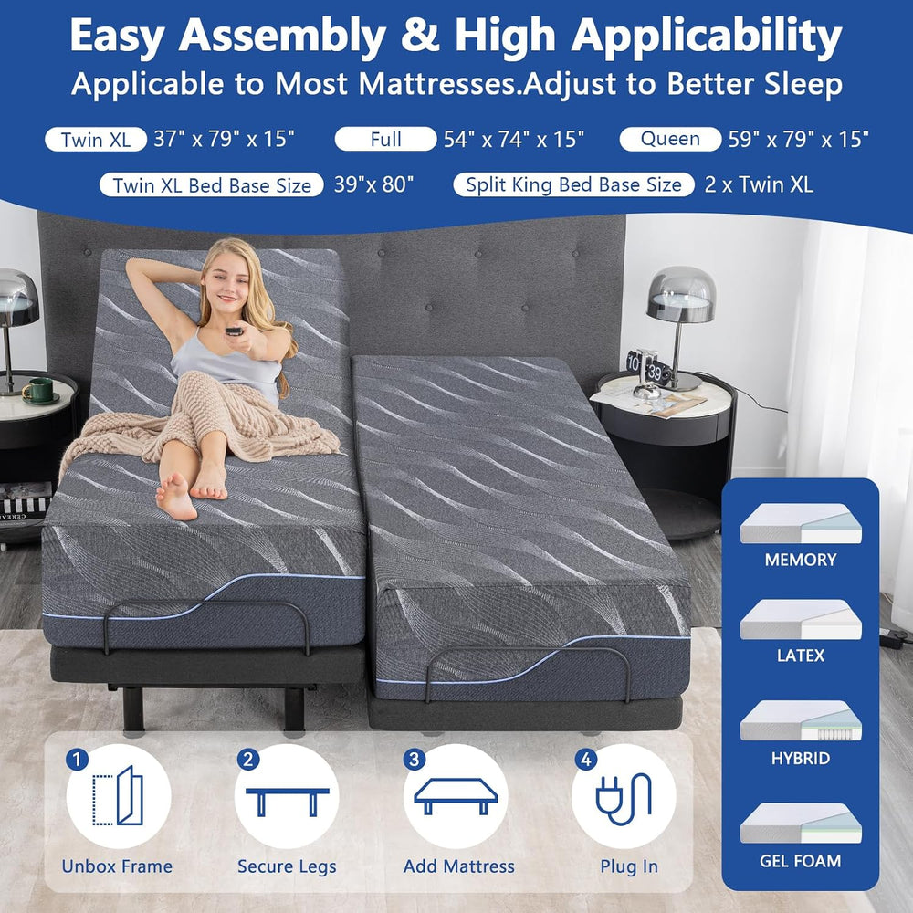 Adjustable Bed Frame Split King, Bed Base with 14 Inch Grey Gel Memory Foam M...