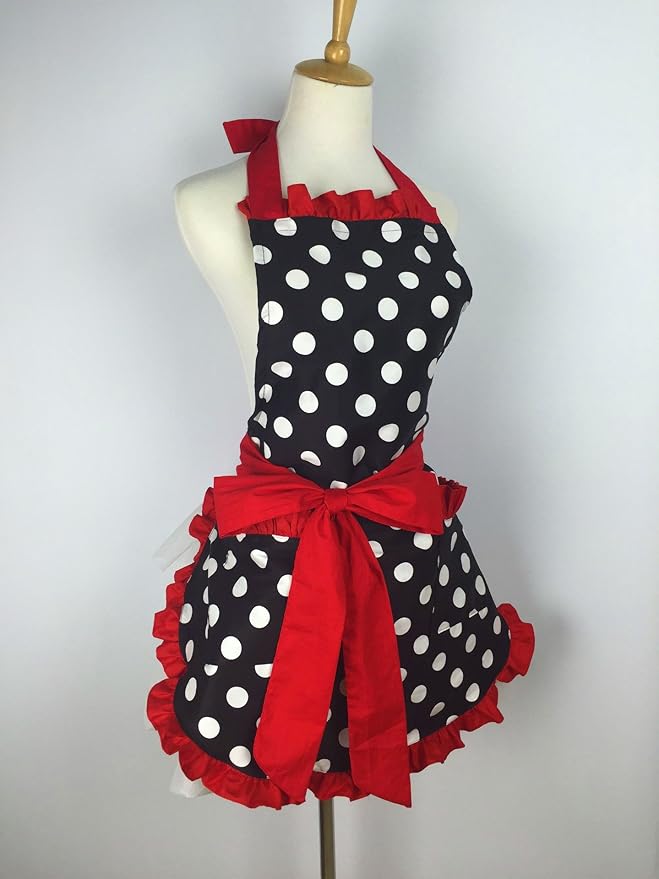 Hyzrz Cute Apron Retro Black Polka Dot Retro Ruffle Side Vintage Cooking Aprons - Image 4