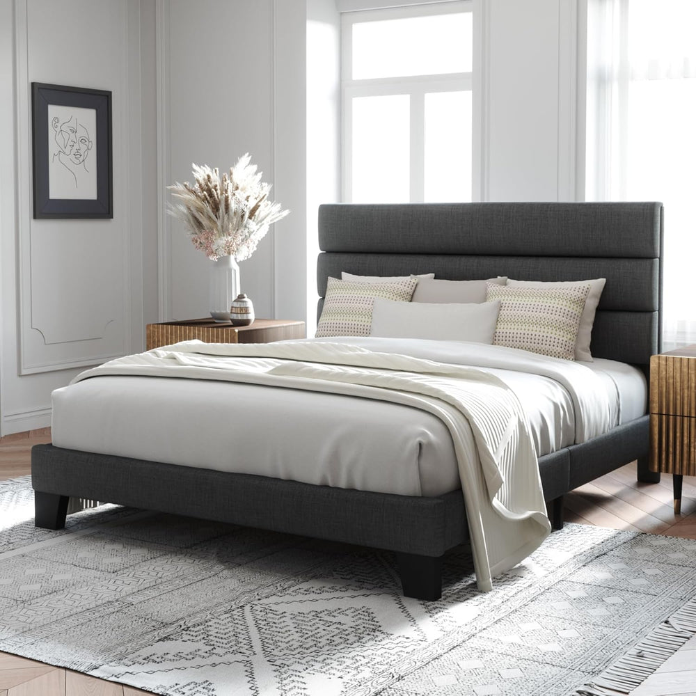 Allewie Full Size Platform Bed Frame with Fabric Upholstered Headboard Gray