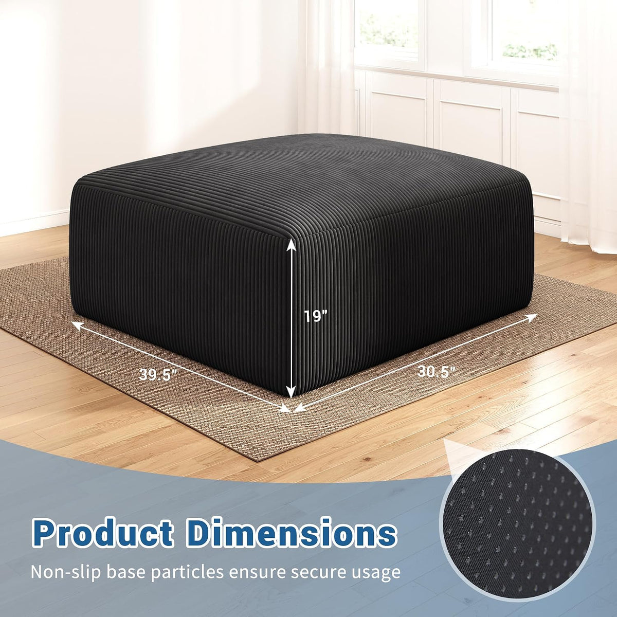 40" oversized square corduroy ottoman, large ottoman pouf shown in use
