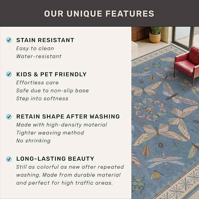 Blue 2x3 Kitchen Rugs Non Slip Washable, 0.25" Low Pile Stain & Fade Resistant - Image 7