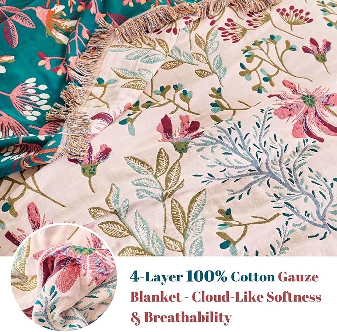 MSGKV Boho Throw Blanket for Bed 60"x80" Floral 100% Cotton Couch Blanket - Image 3