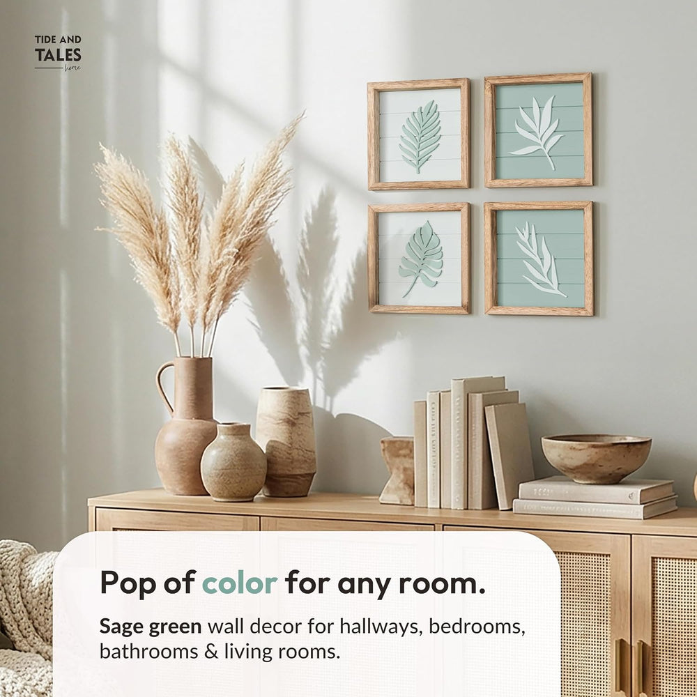 Tide and Tales 3d Sage Green Framed Wall Art, Set of 4, Bathroom Decor