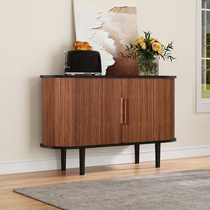 47" Modern Buffet Cabinet with Charging Station, Mid-Century Fluted Sideboard Table, Rounded Console with Storage & USB/Type-C Ports for Dining Room Kitchen Coffee Bar, Walnut
