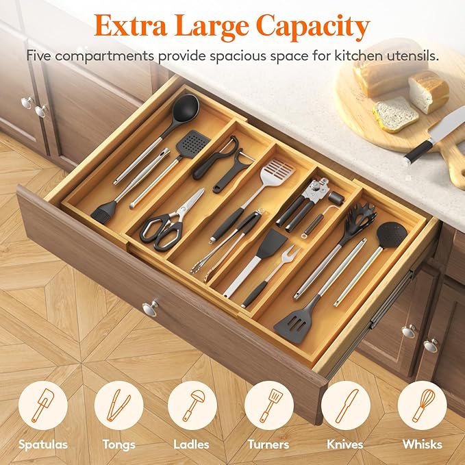 Lifewit Utensil Organizer for Kitchen Drawer, Expandable Cooking Utensil Tray