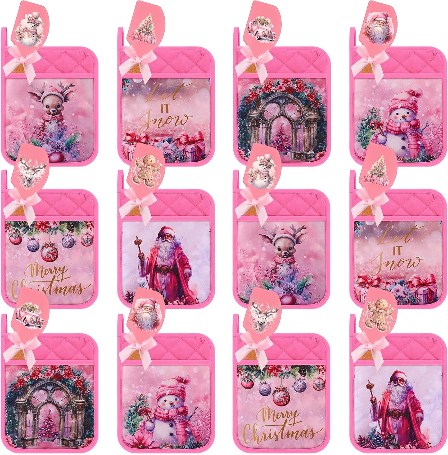 Reallnaive 24 Pcs Pink Christmas Pot Holders and Silicone Spatula Gift Christmas Hot Pads with Pocket Xmas Scraper with Wooden Handle Heat Resistant Oven Mitt Cookie Bag for Baking Cooking(Cute)