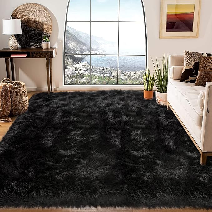 Latepis Black Faux Fur Rug 8x10, Faux Fur Sheepskin Rug - Image 7