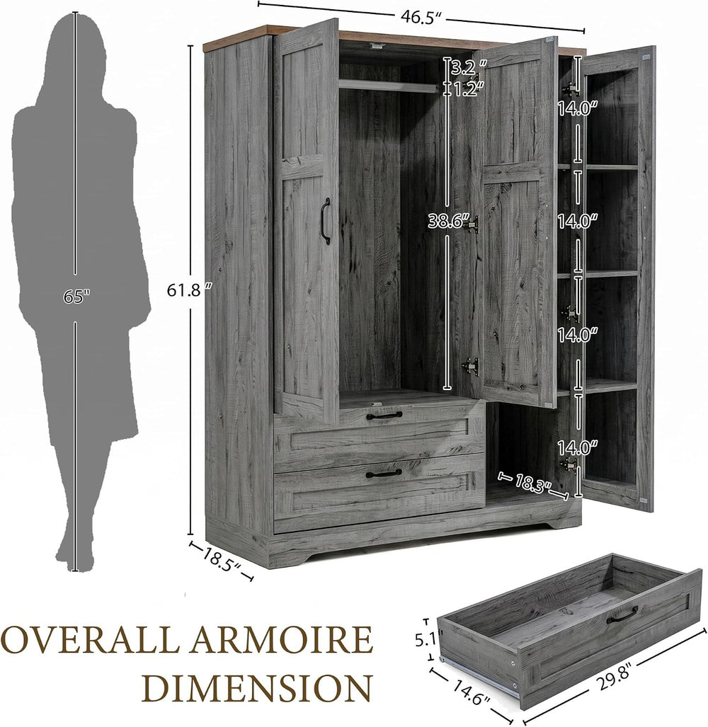 Yechen 62" Wooden Armoire Wardrobe Closet with 3 Doors & 2 Drawers, ...