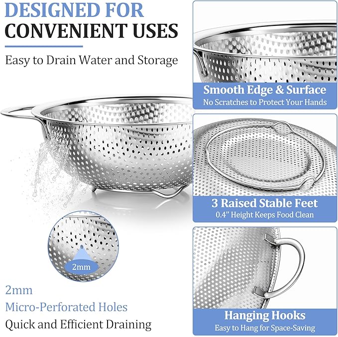 TeamFar Colander Set of 3, Stainless Steel Perforated Metal Colander Strainer - Image 3