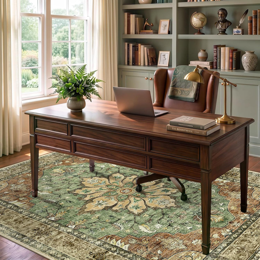 RELEANY Washable Area Rug, 6'x9', Brick/Brown/Green