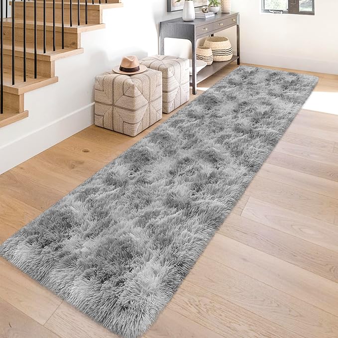 Super Soft Fluffy Living Room Area Rug 2x10 ft Tie-Dyed Light Grey Shaggy Furry - Image 3