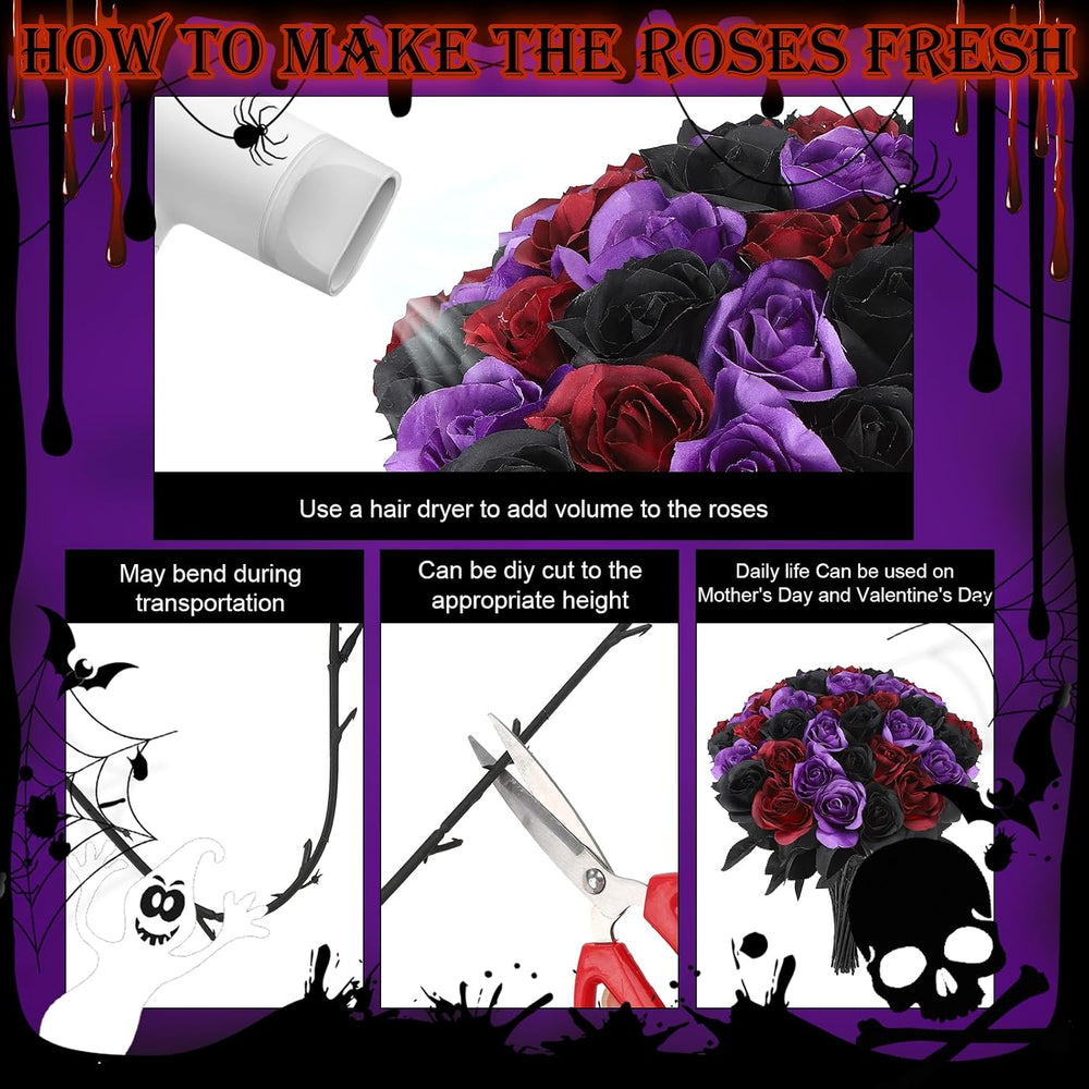 80 Pcs Artificial Roses Long Stem Silk Flower Black Red Purple