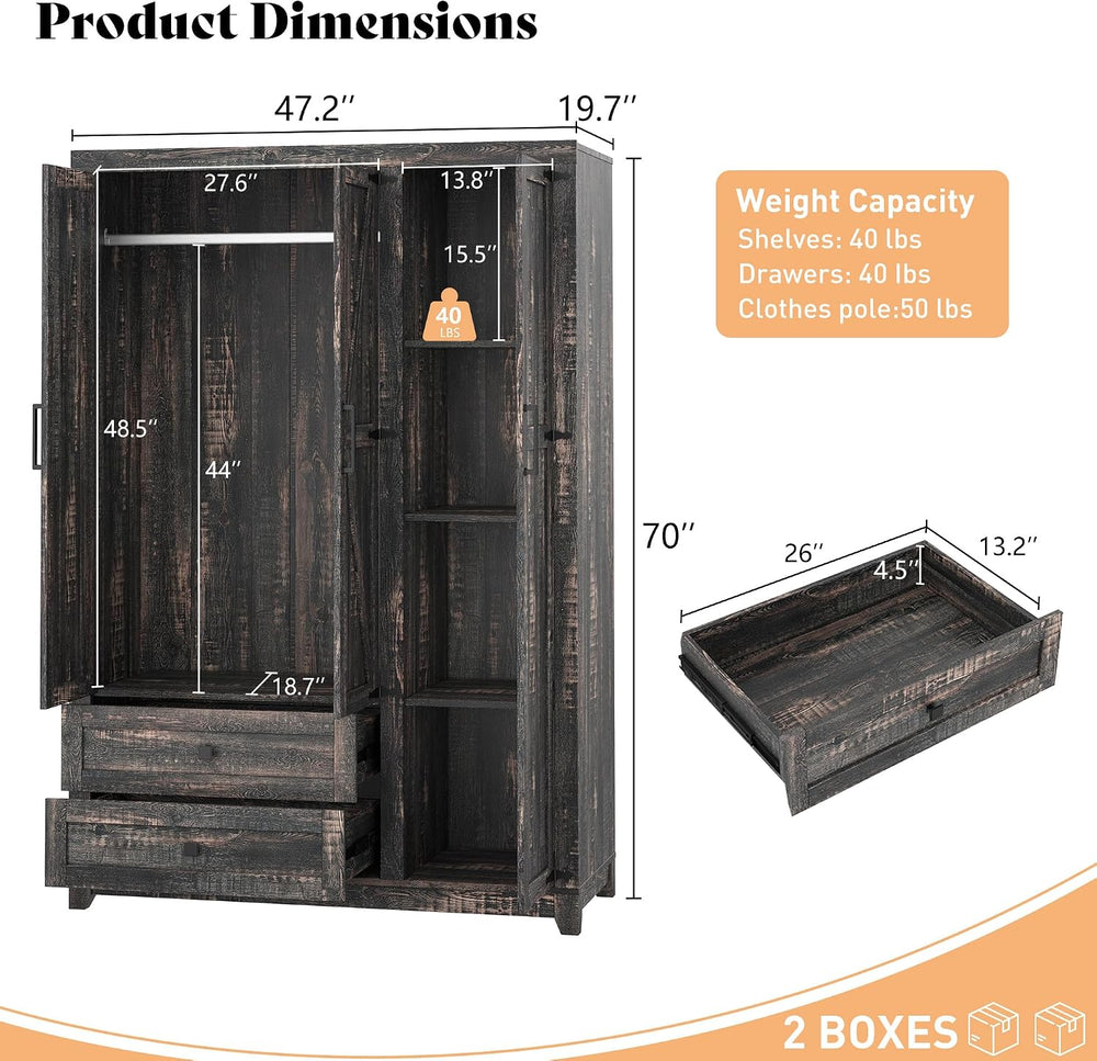 AMERLIFE Farmhouse 3 Door Wardrobe Closet with 2 Drawers & Hanging Rod