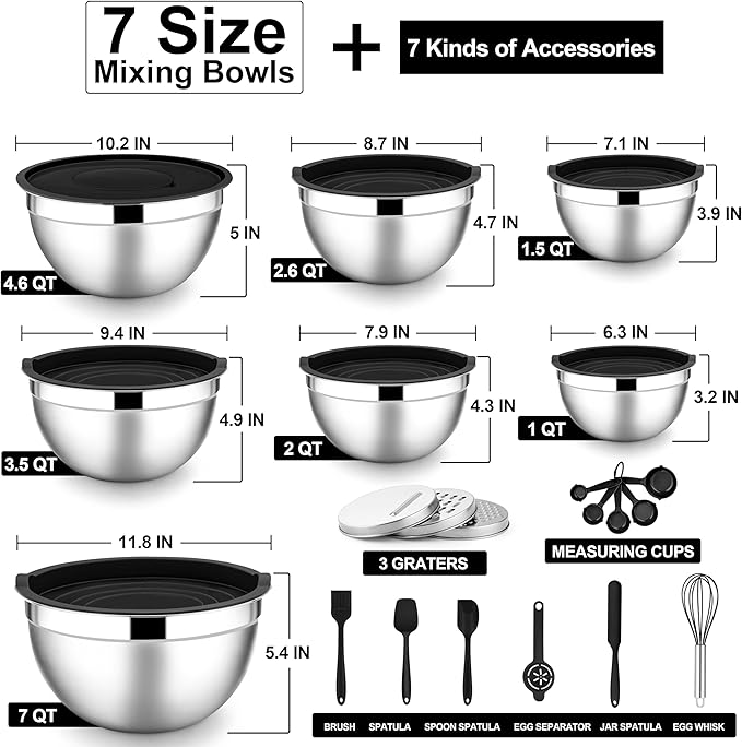 E-far Mixing Bowls with Lids Set, Size 7, Nesting Design & Black Airtight...