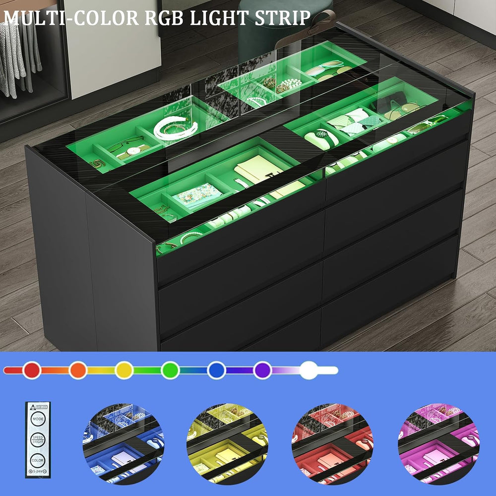 LIVAUVEAD 16 Drawer Closet Island with Glass Top & LED Light, Black