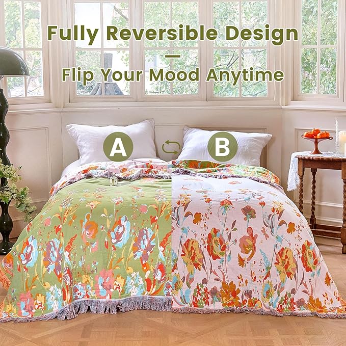 MSGKV Boho Throw Blanket 90"x90" Floral 100% Cotton Blanket - Image 4