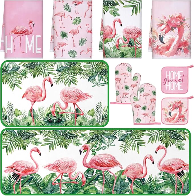 Fourluoo 10 Pcs Flamingo Kitchen Dish Towels Rugs Oven Mitts and Pot Holders by Fourluoo