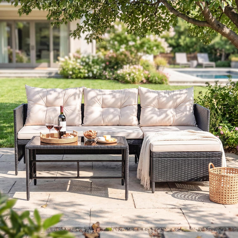 Greesum Patio Furniture Set 3 Piece Outdoor Wicker Sectional Sofa,Beige
