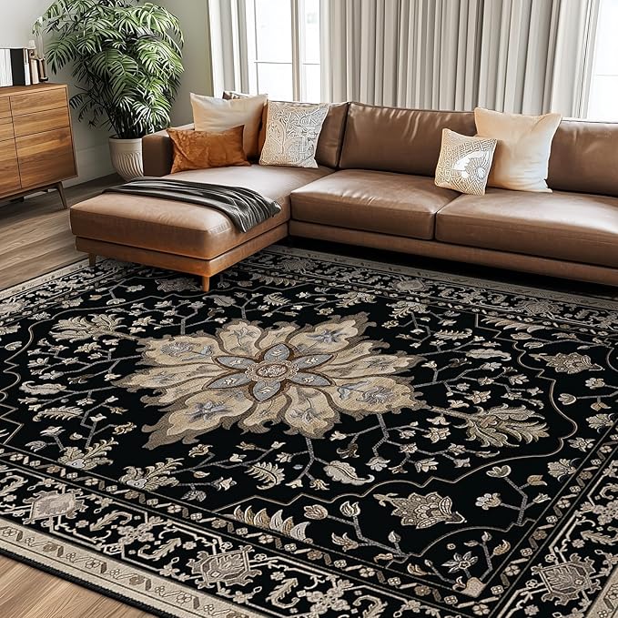 RELEANY Area Rugs 8'x10' Washable Non-Slip, Floral Vintage Distress Print by RELEANY